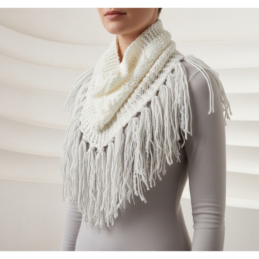 NEW Hand Knitted White Boho Cowl Scarf Fringe Cottage Coastal Fairy Whimsy Artsy
